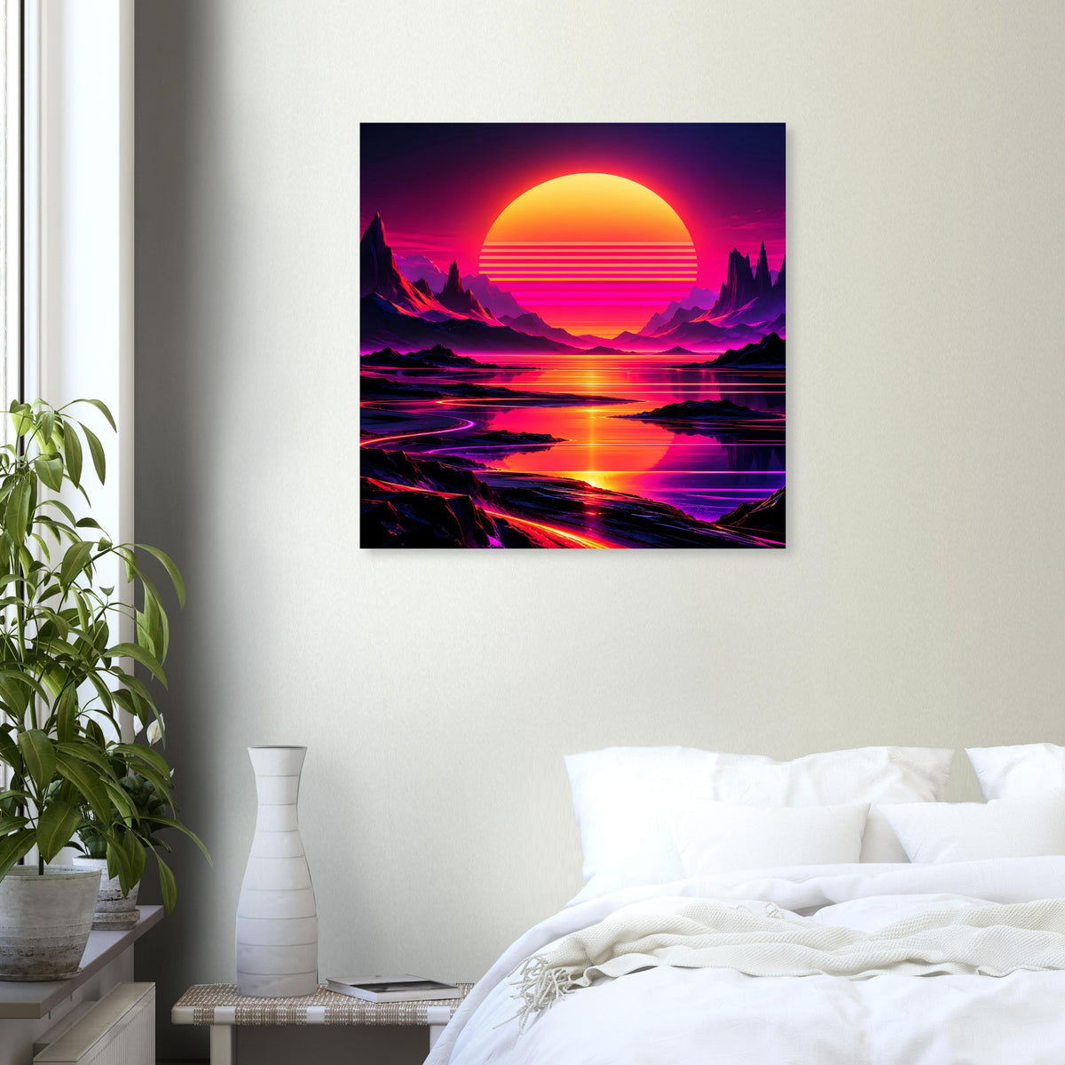 Quadratisches Neon-Poster mit leuchtendem Sonnenuntergang, Bergsilhouetten und Wasserreflexen.