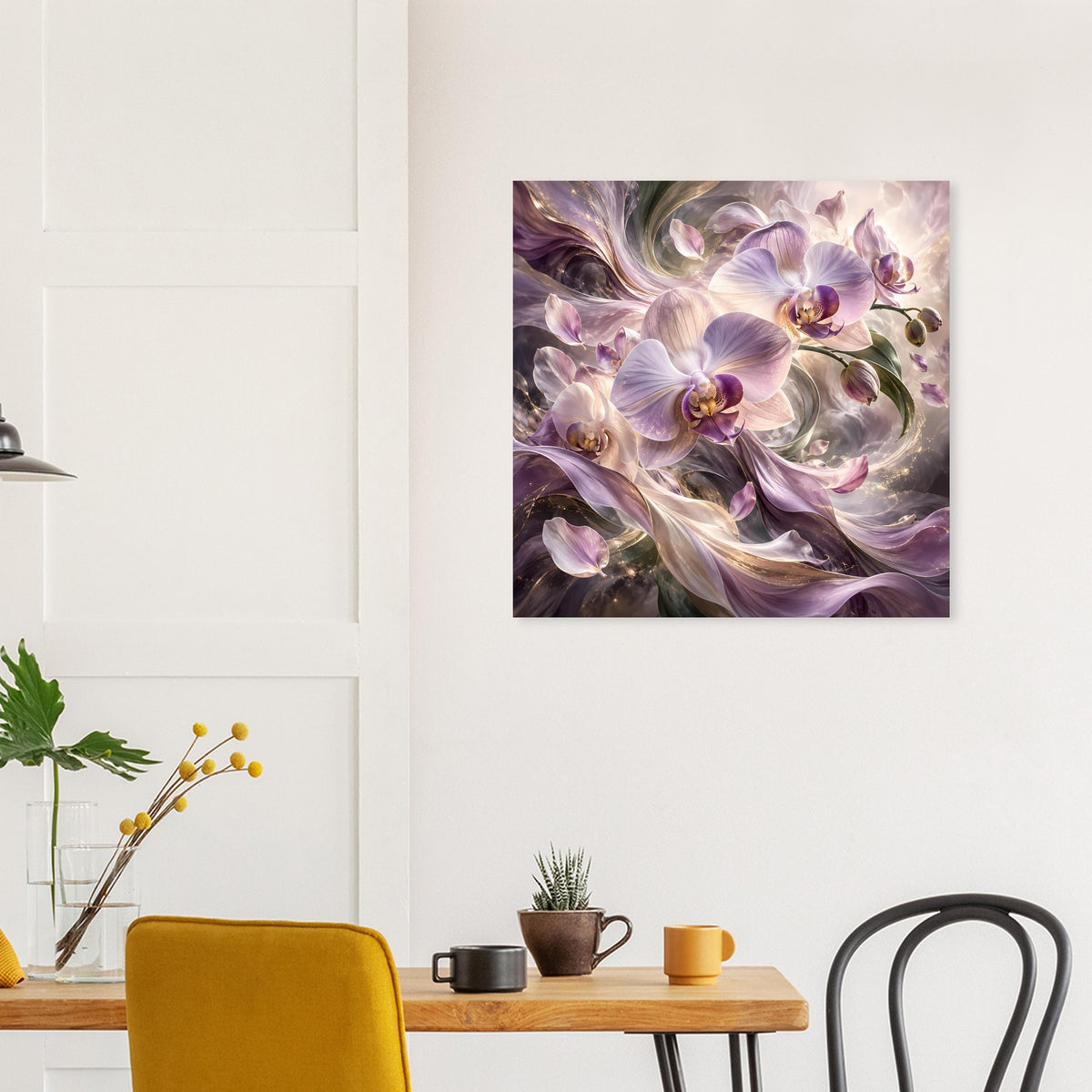 Blumenposter mit violetten Orchideenblüten in Creme- und Lilatönen, kunstvolles Blütenarrangement