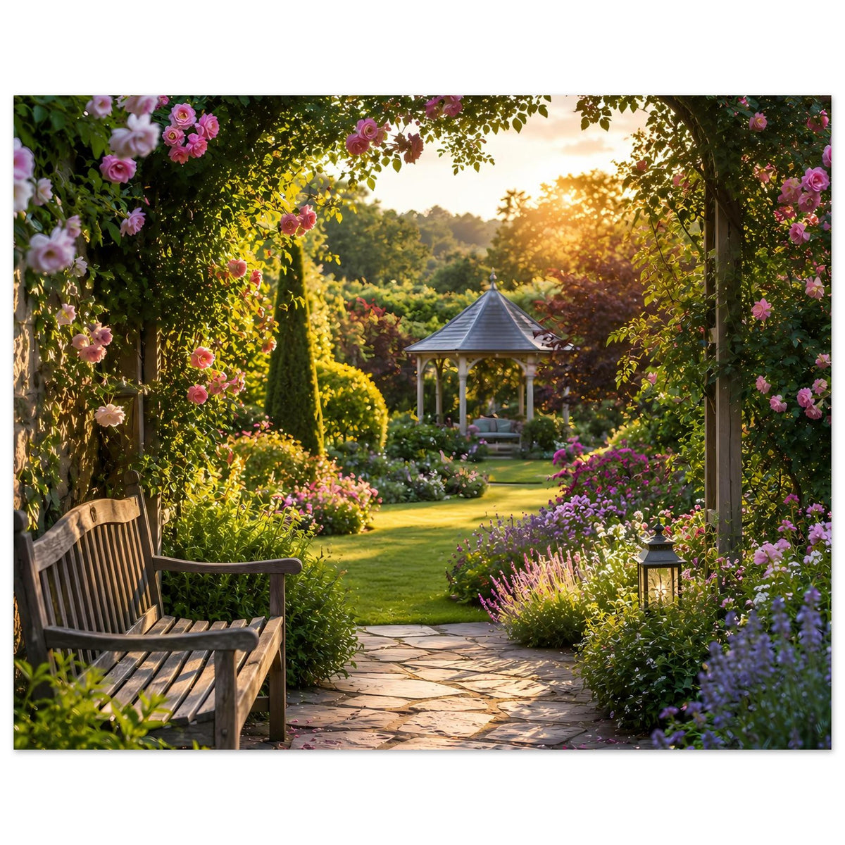 Naturposter mit Gartenpavillon in der Mitte, Gartenweg und üppigen Blumenbeeten
