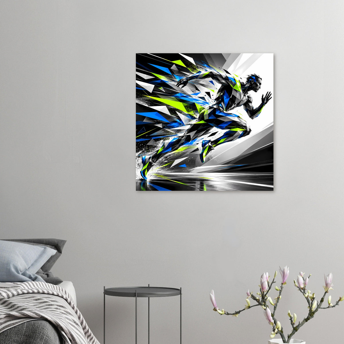 Laufkunst-Poster kleinformatig: abstrakter Läufer in Blau, Schwarz und Neon-Grün, starke Dynamik