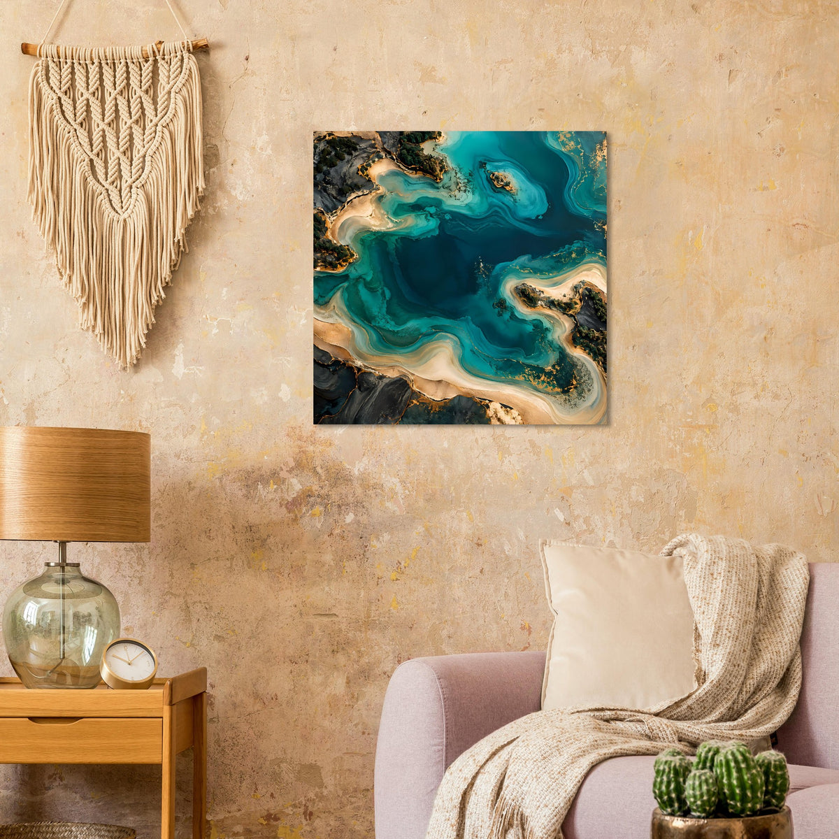Gerahmtes quadratisches Meerposter mit abstrakter Blau-Gold-Strömung und sandfarbenen Flächen
