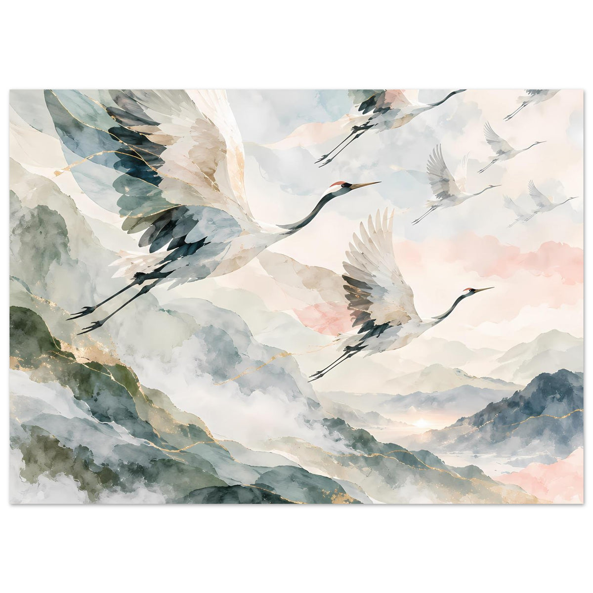 Horizontales Poster mit fliegenden Kranichen im Aquarellstil, sanfte Töne und goldfarbene Details