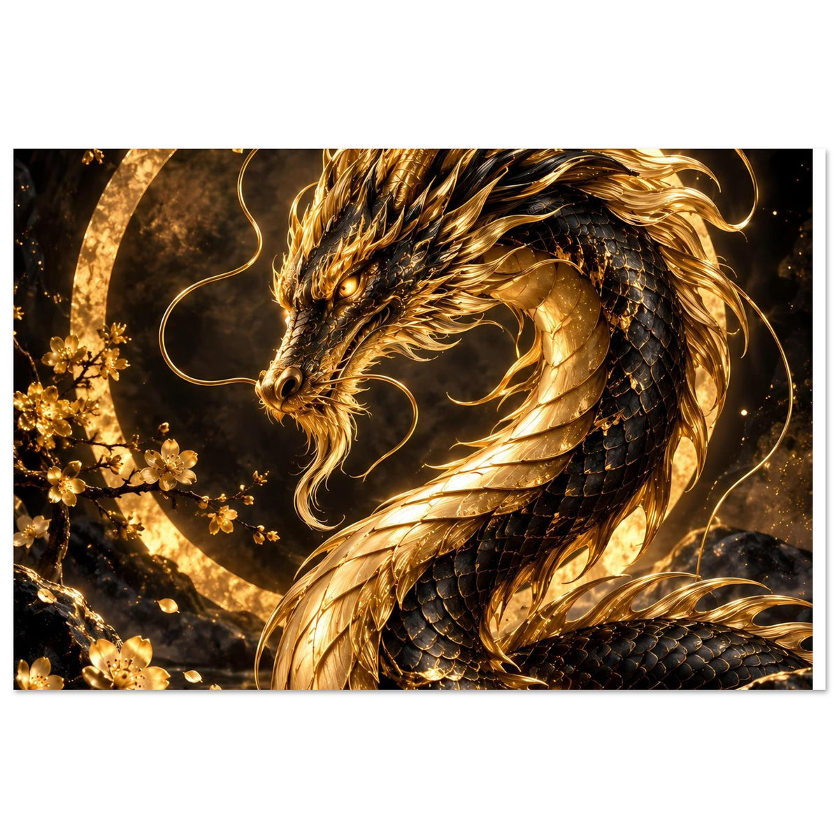 Drachen-Poster mit goldenem Kopf und langen Flügel-Schwingen im Kreisdesign
