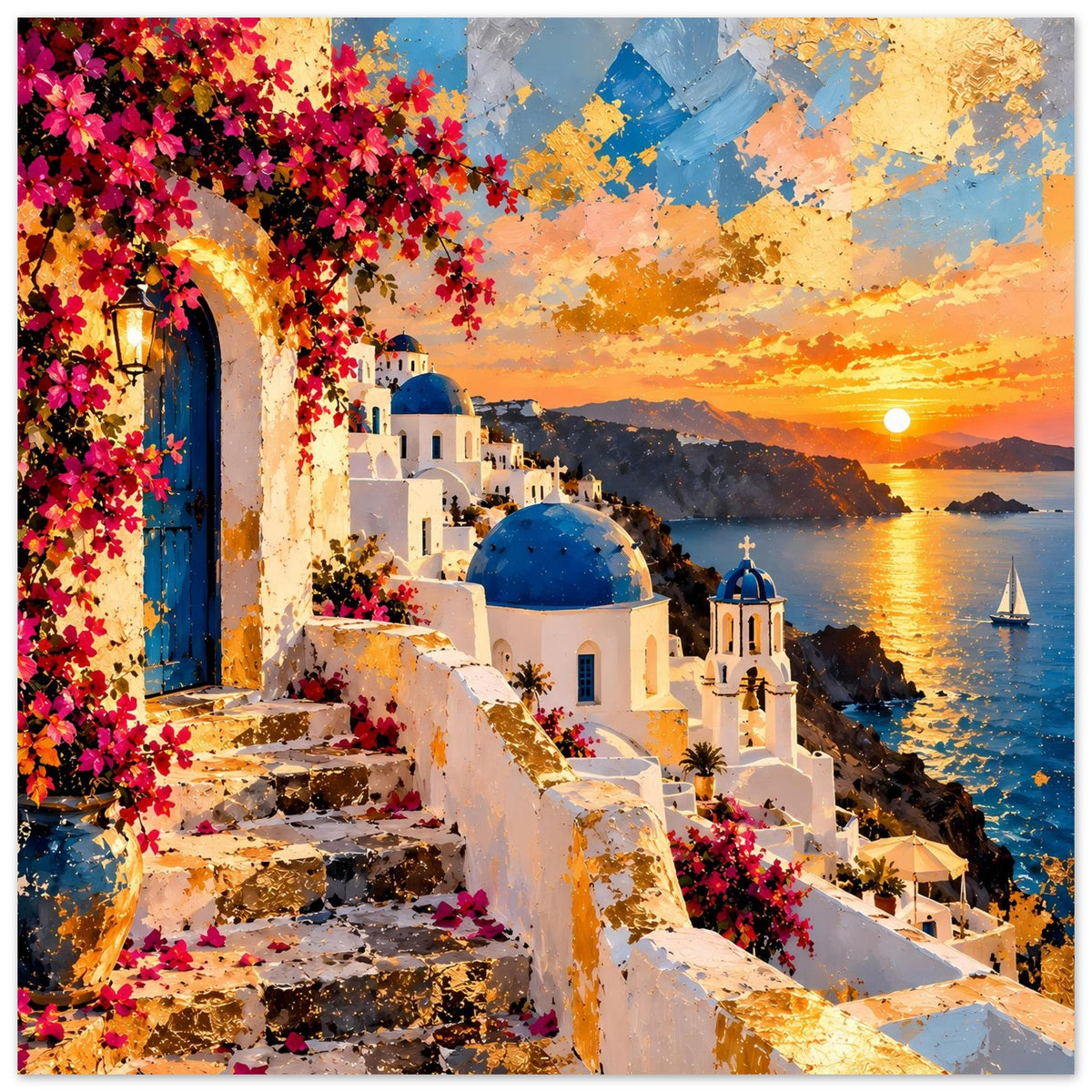 Poster mit Treppen, weißem Gebäude, blauer Kuppel, roten Blüten und Sonnenuntergang am Meer