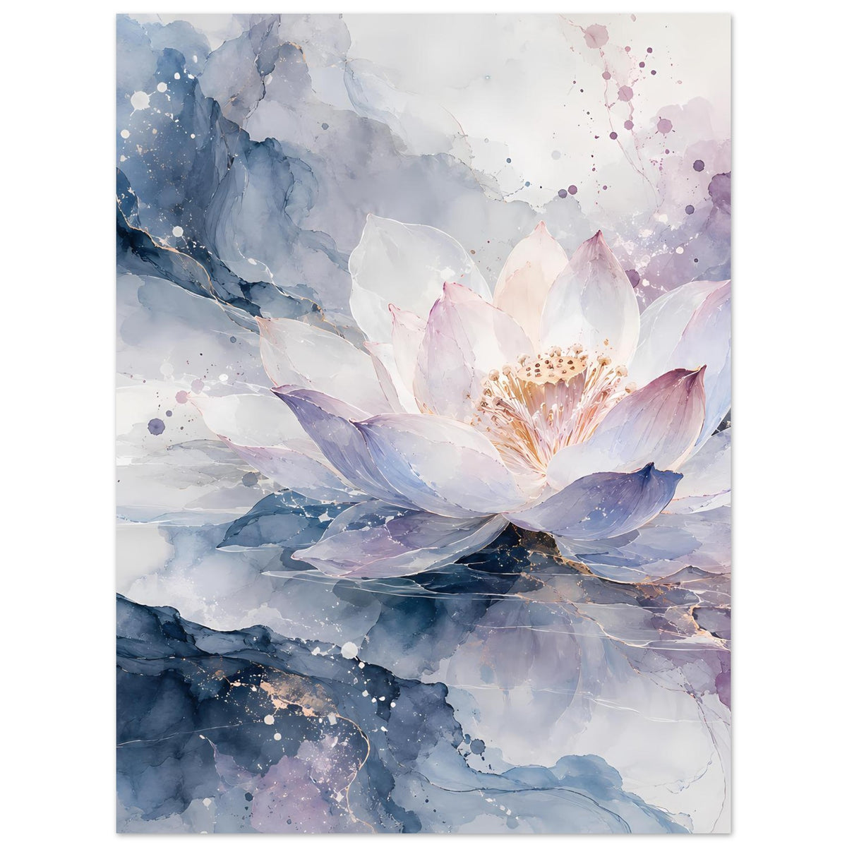 Blumenposter mit Lotusblüte: weiß-lila Blüten, blaue Akzente, aquarellartiger Hintergrund