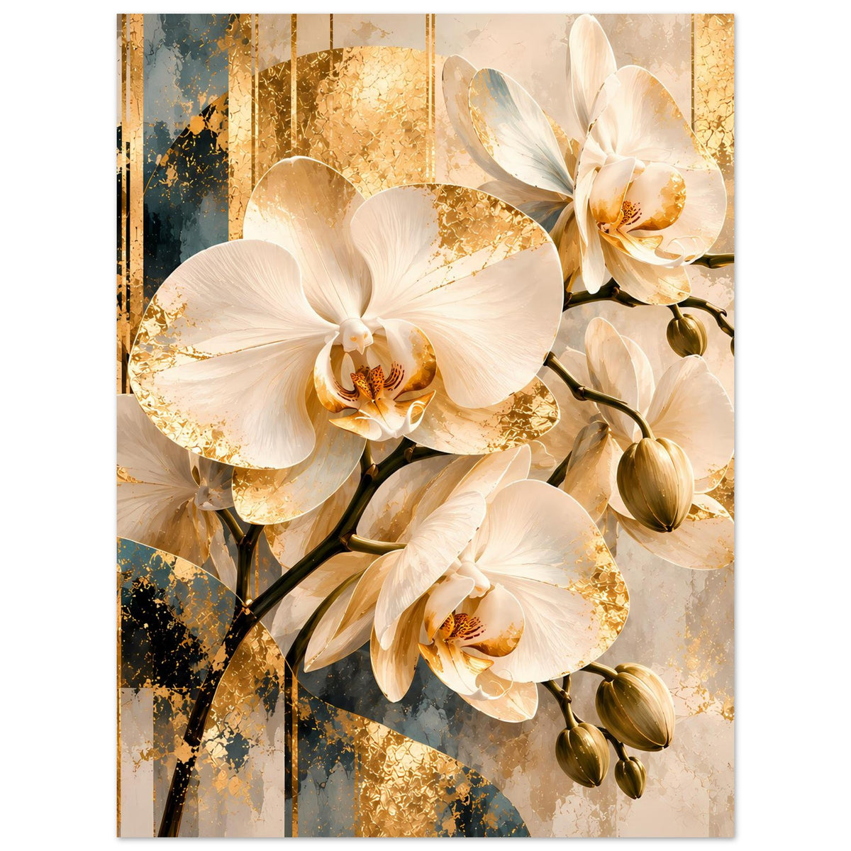 Orchideen-Wandposter im Hochformat mit weißen Orchideenblüten, goldenen Akzenten und Knospen.