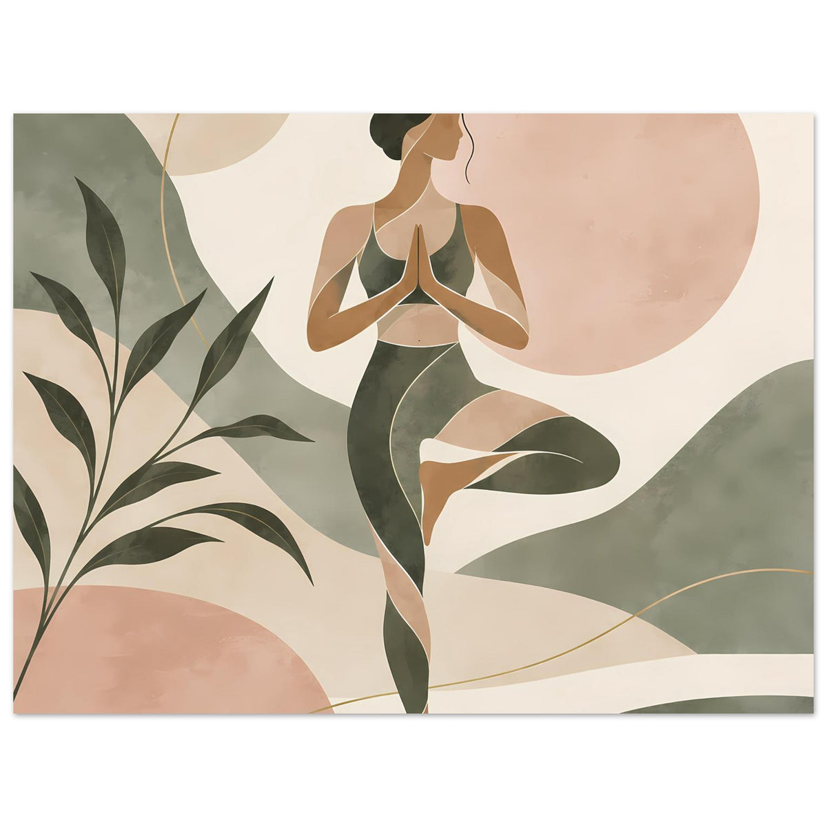 Yoga-Poster mit abstrakter Frau in Meditationspose, in Salbei- und Rosétönen