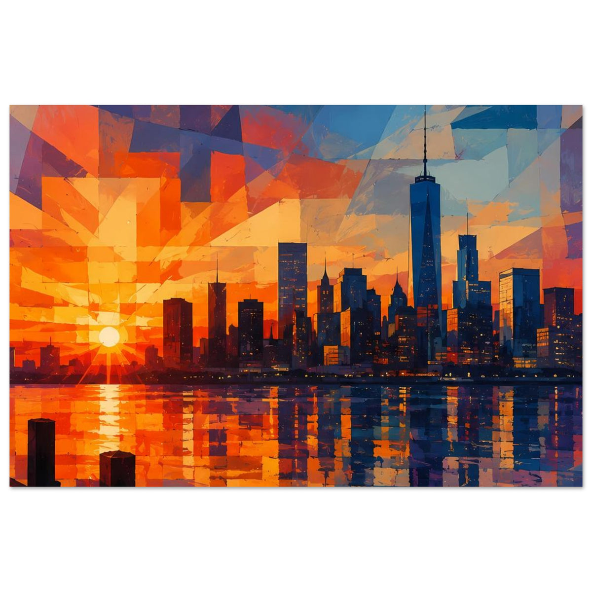 Querformat-Poster mit abstrahierter Skyline und orange-rotem Sonnenuntergang, blaue Spiegelung