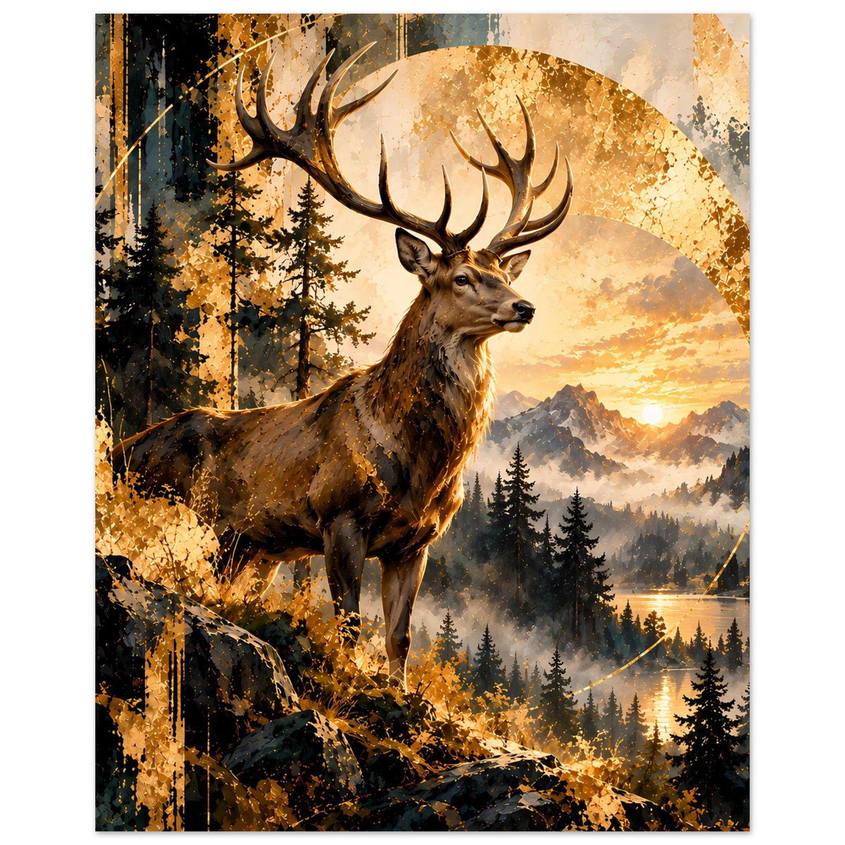 Vertikales Poster mit Hirsch im Wald, goldenes Abendlicht und Halbkreis am Himmel