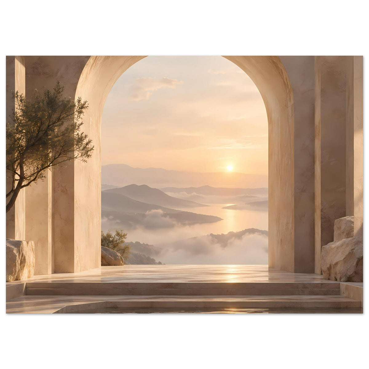 Poster mit bogenförmiger Fensteröffnung, Sonnenuntergang über Tälern und Wasserspiegel im Vordergrund