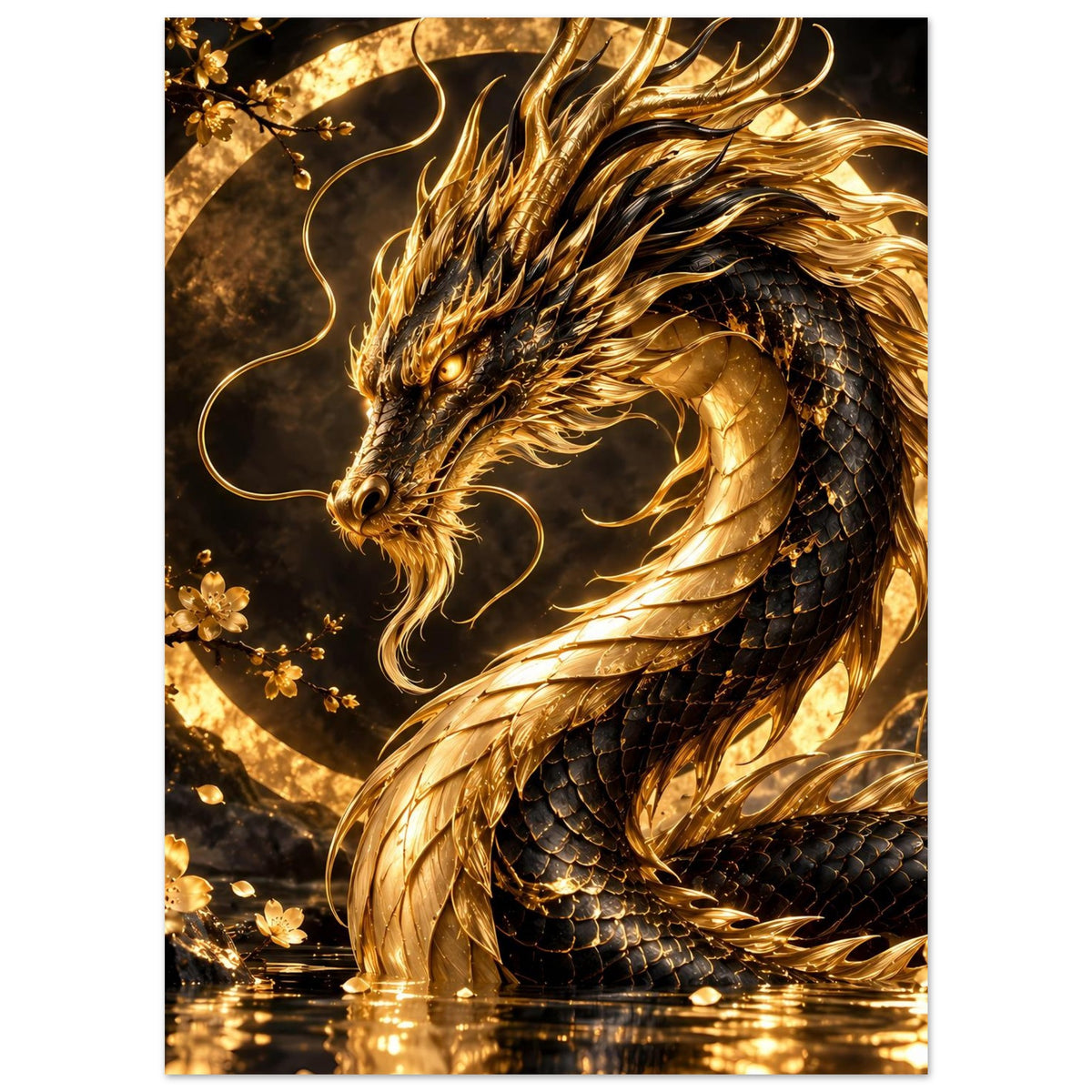 Poster mit goldener Drachenillustration, ruhende Pose, Flügel und Schuppen im Kreis