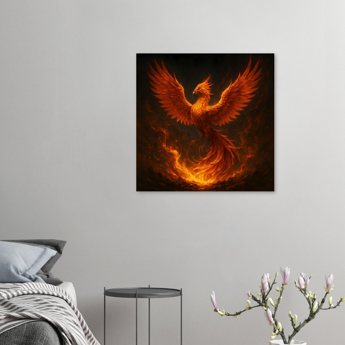 Kleines Quadrat-Poster mit Feuerphönix, ausgebreitete Flügel, orange-gelbe Flammenoptik