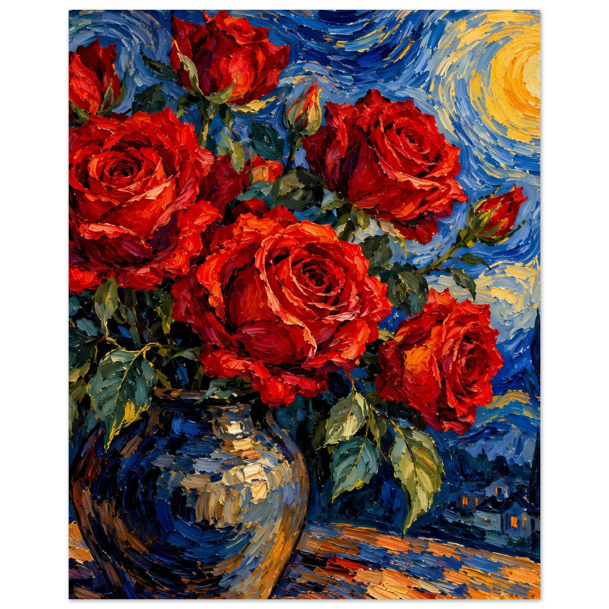Poster mit roten Rosen und Vase, blau-goldene Himmelswirbel mit gemalten Wolken