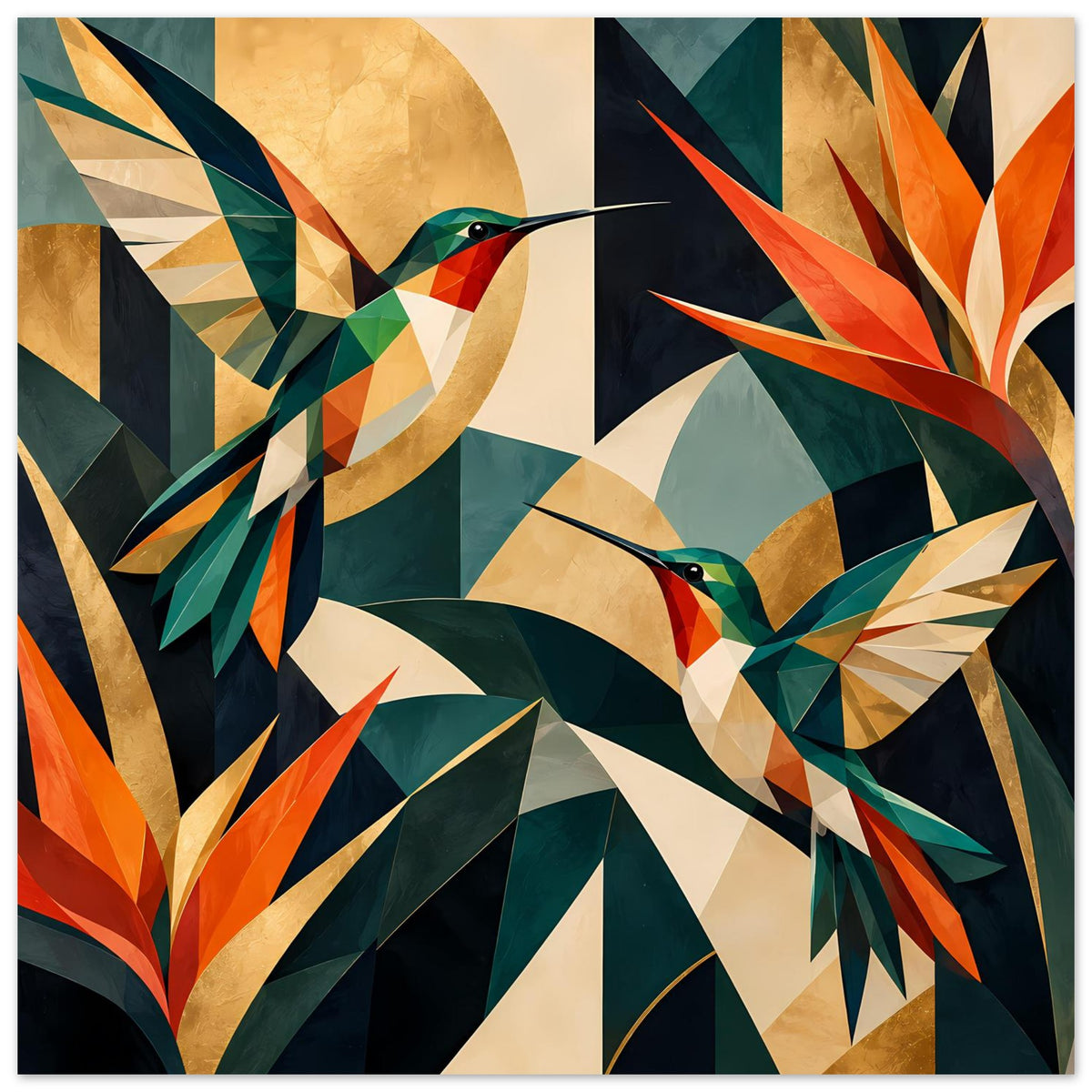 Kunstdruck mit geometrischen Kolibris in kräftigen Juwel-Tönen, nahansicht horizontal