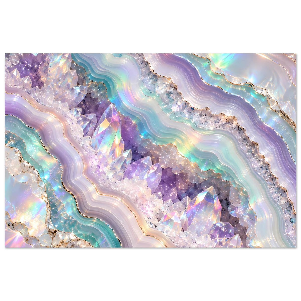 Holografisches Geode-Kristall-Poster im Querformat mit silbrig-grauen Gesteinsadern, violetten und türkisfarbenen Farbtönen