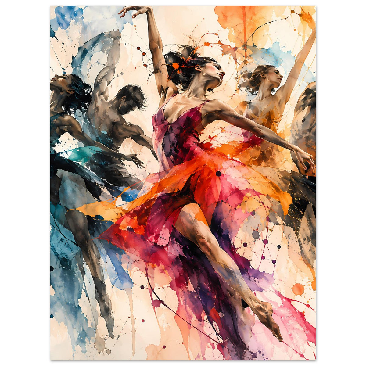 Tanzkunst-Poster mit Balletttänzerinnen in bunten Aquarellfarben und Federflügeln