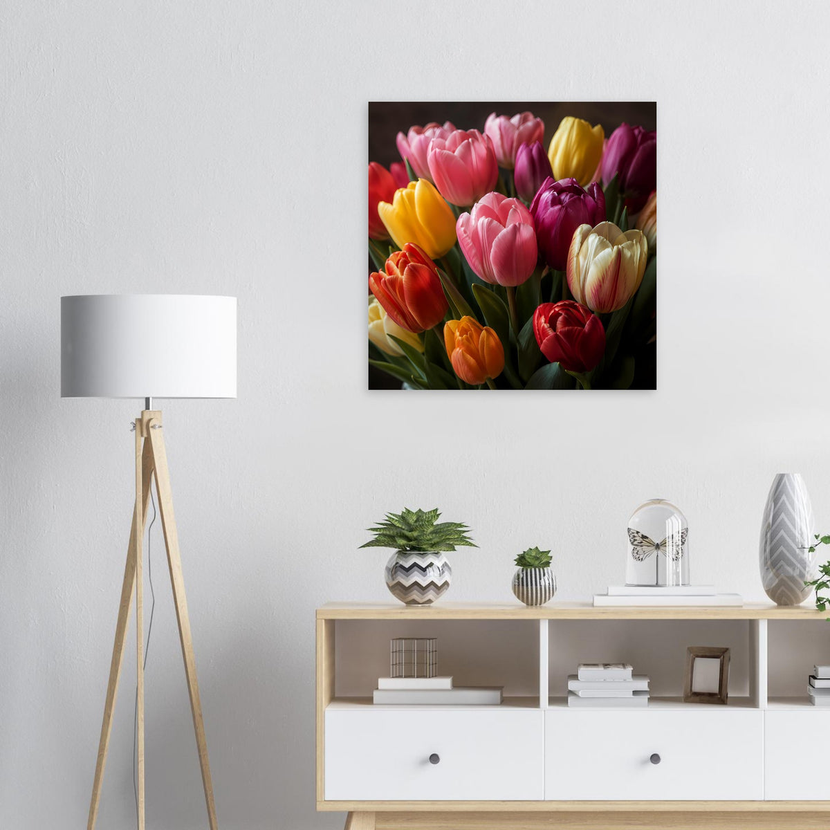 Quadratisches Poster mit Tulpenstrauß in Pink, Gelb, Rot und Creme