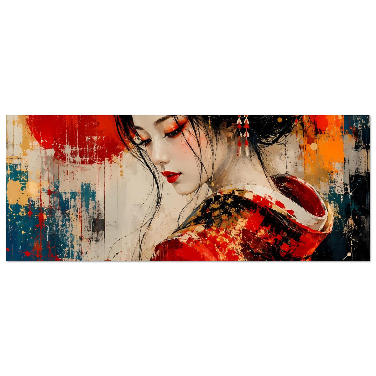 Horizontales Poster: Porträt einer Geisha im roten Kimono, Blick nach unten.