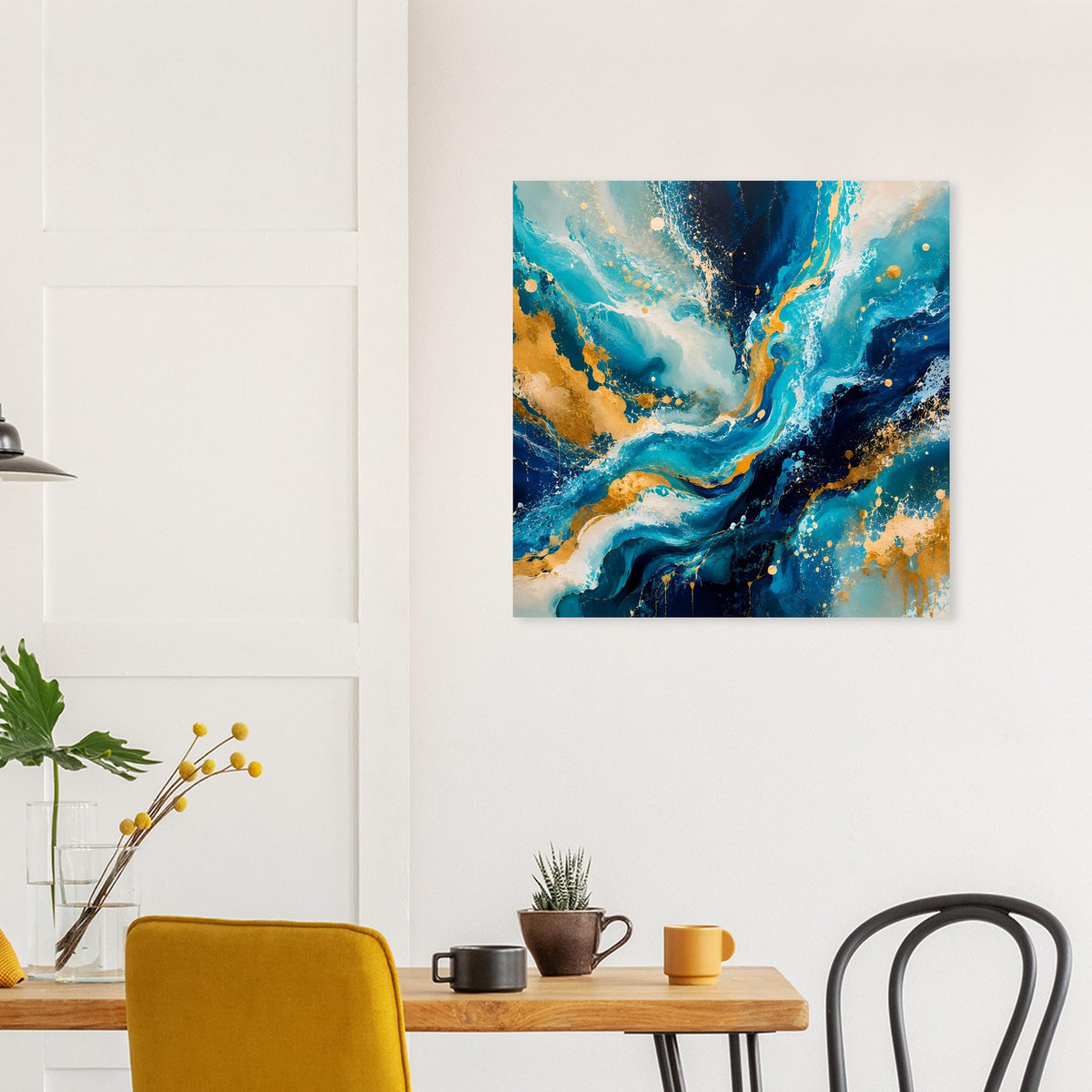 Quadratisches Kunstposter, Blau‑Gold‑Marmorwirbel mit feinen Farbpunkten und Strichen