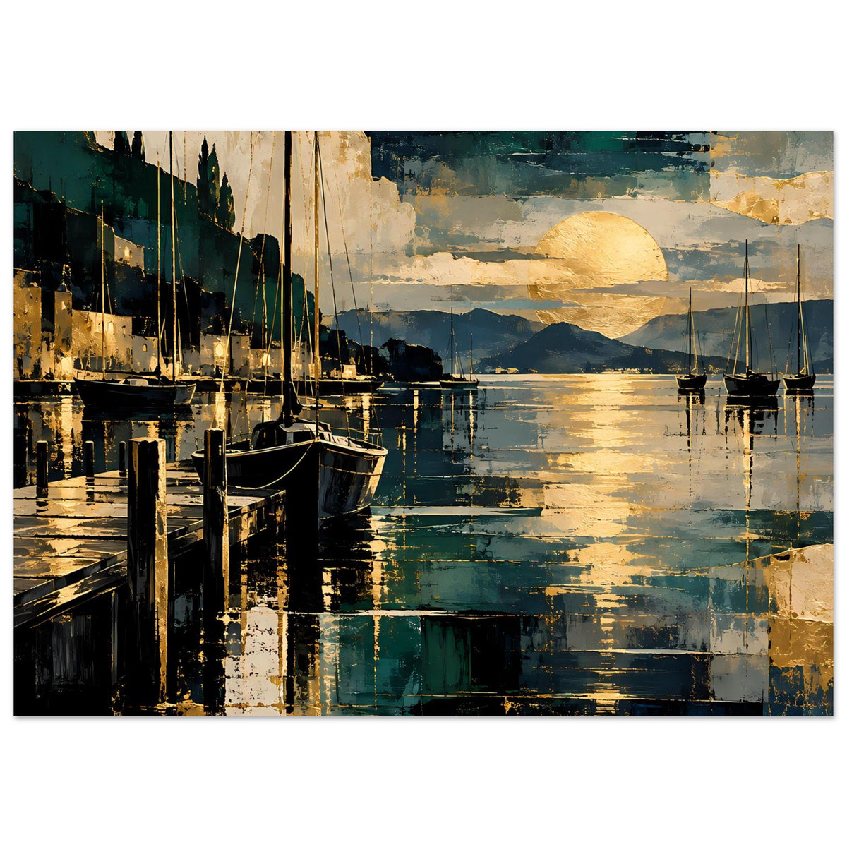 Maritimes Poster: Segelboote am Steg vor goldener Sonne, blau-goldene Hafenlandschaft (Querformat)