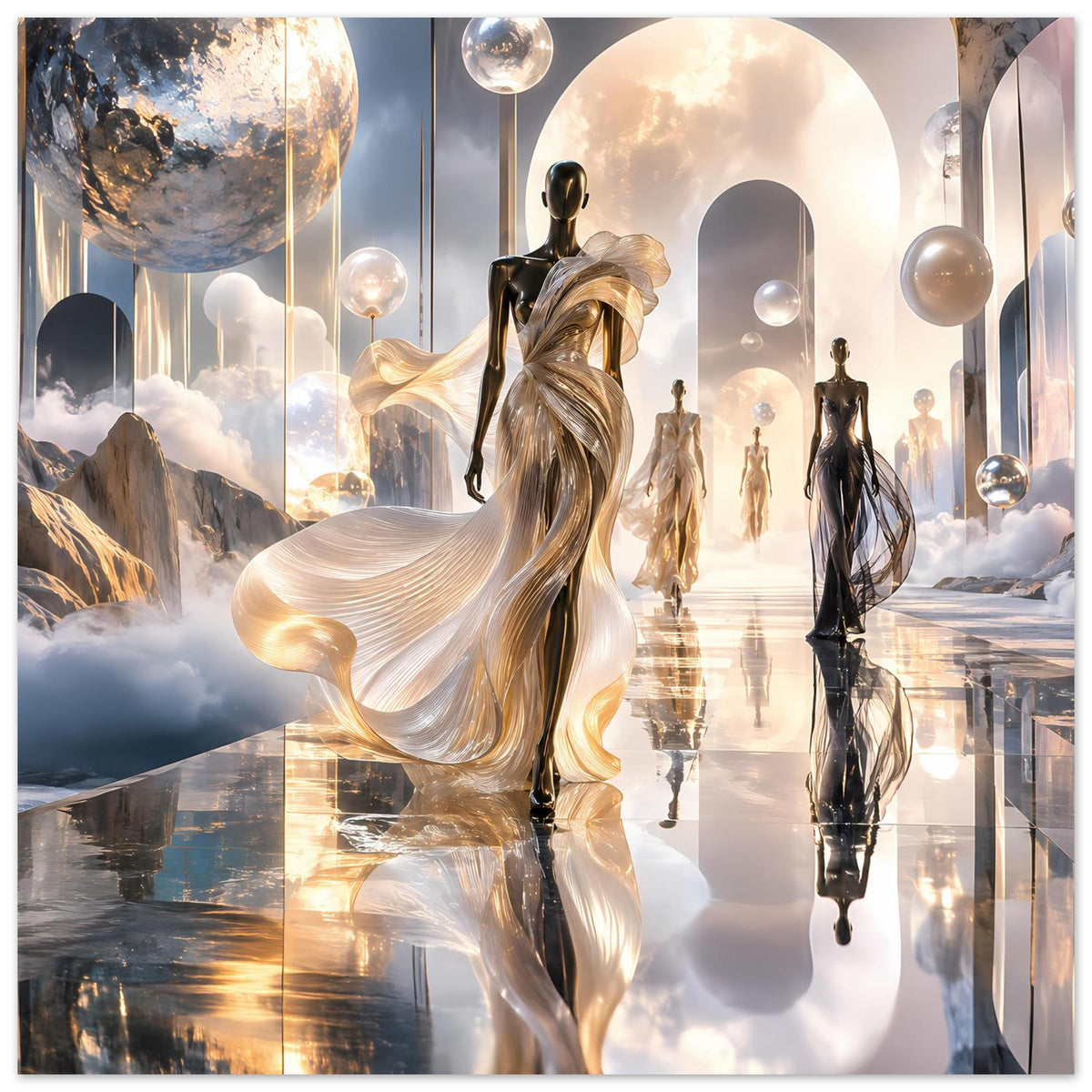 Fantasy-Poster mit goldener Figur, schwebenden Kugeln und Landschaft mit Bergen