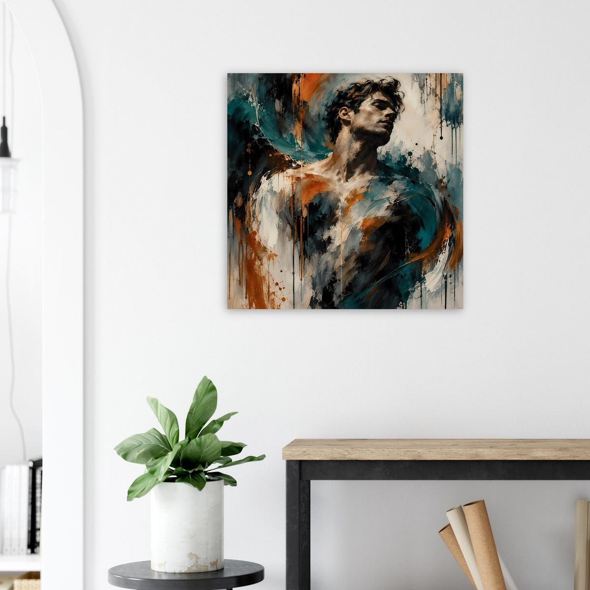 Kunstposter mit Männerporträt in Petrol und Rostorange an weißer Wand