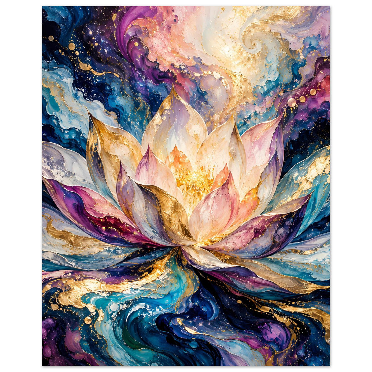 Blumenposter mit Lotusblüte, goldfarbenem Kern und funkelnden Glanzpunkten in Blau/Violett