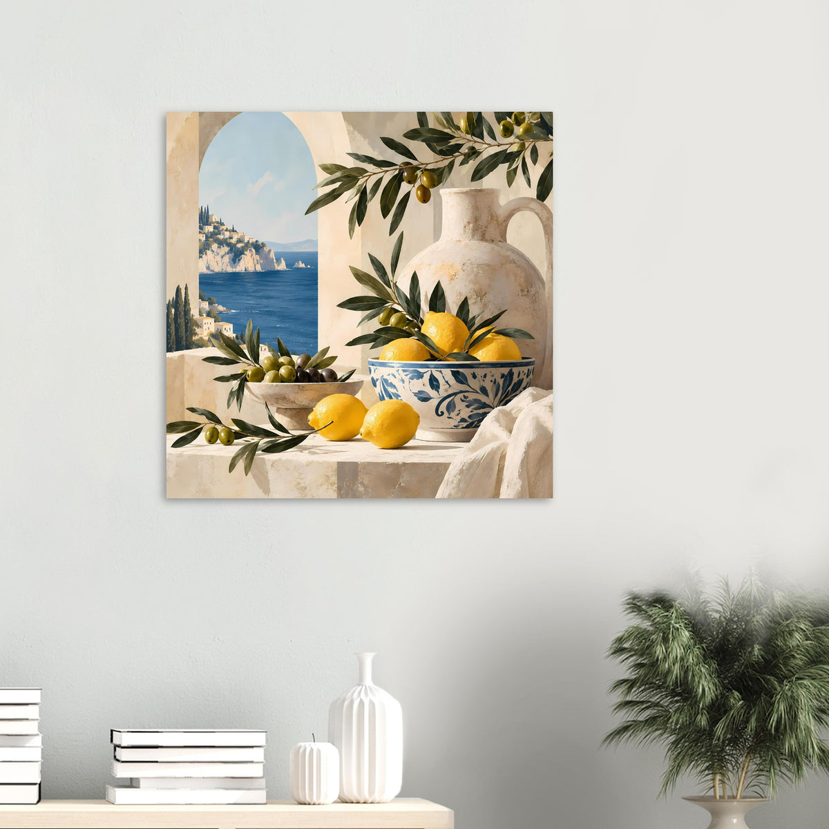 Gerahmtes Wandposter mit stiller Szene: Zitronen, Olivenzweige, blau-weiße Keramikvase