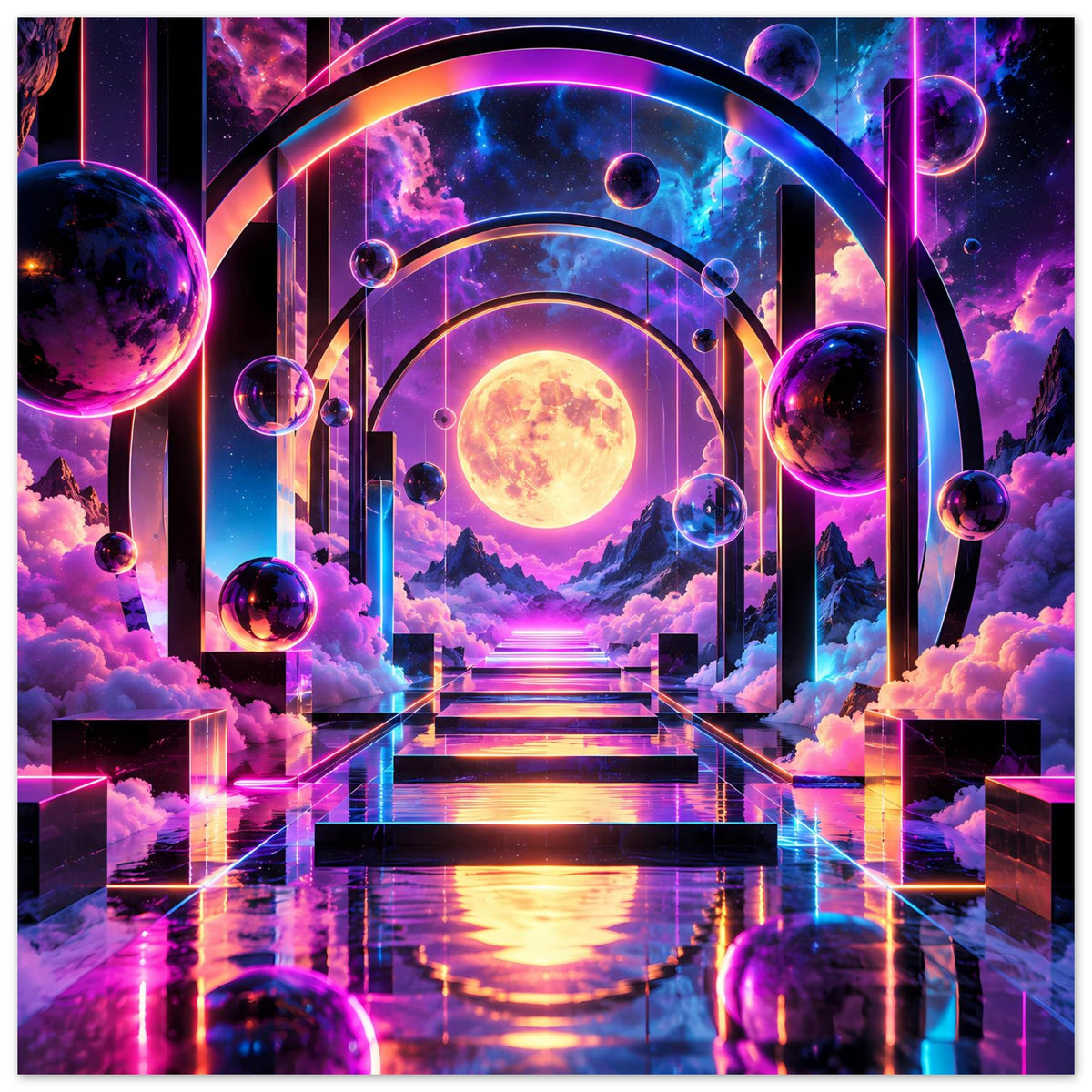 Poster mit Galaxy-Traumlandschaft: farbige Planeten, schwebende Lichtpfade und Mondportal
