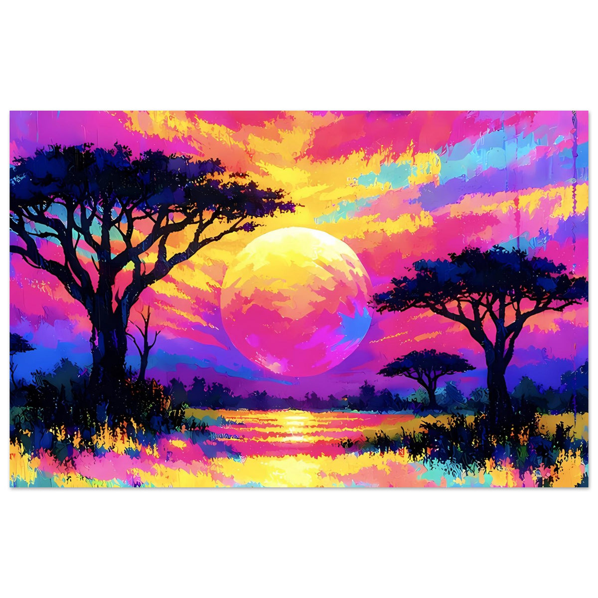 Neon-Sunset-Landschaftsposter, breit: Sonnenball, Bäume und leuchtende Reflexion im Wasser
