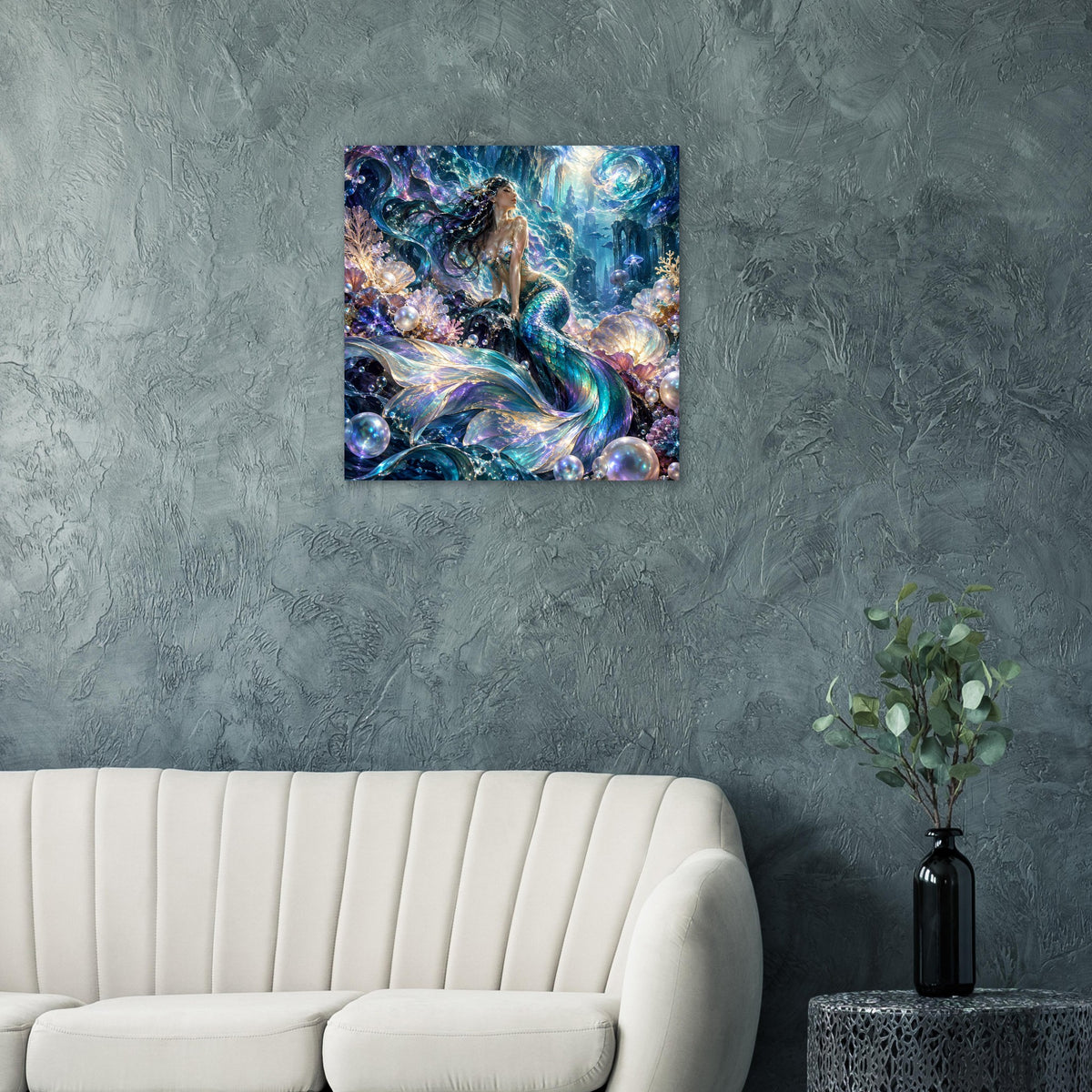 Quadratisches Fantasy-Poster: Meerjungfrau zwischen Perlen und Korallen, leuchtendes Blau