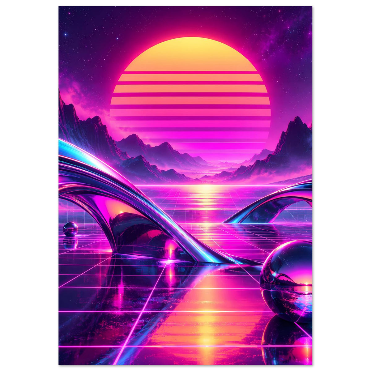 Neon-Science-Fiction-Poster (vertikal) mit Kreis-Sonne, Neonpfad, futuristischem Grid und Figuren