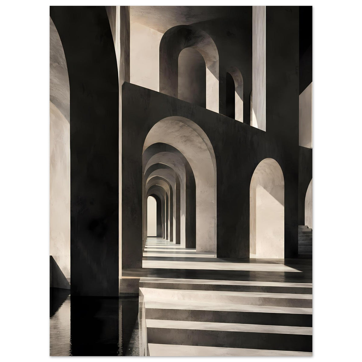 Architekturposter mit Rundbogen-Gang, dunkle Wände und helle Gewölbe im Fokus