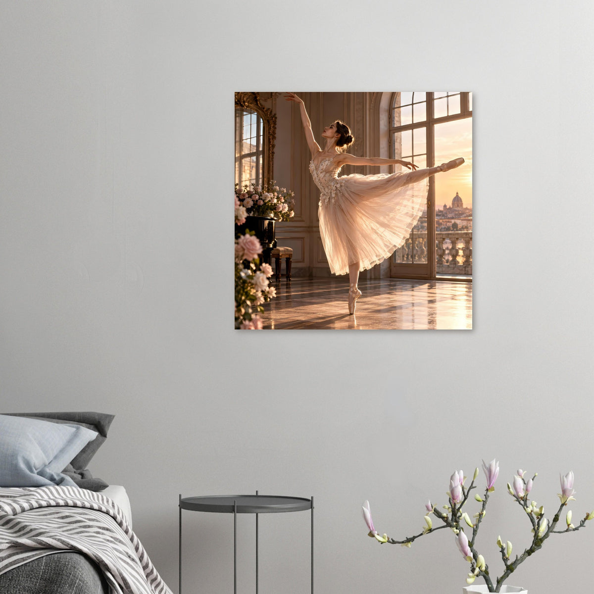 Ballerina im goldenen Tutu auf Poster, zentrales Motiv mit Tanzpose in Rahmen