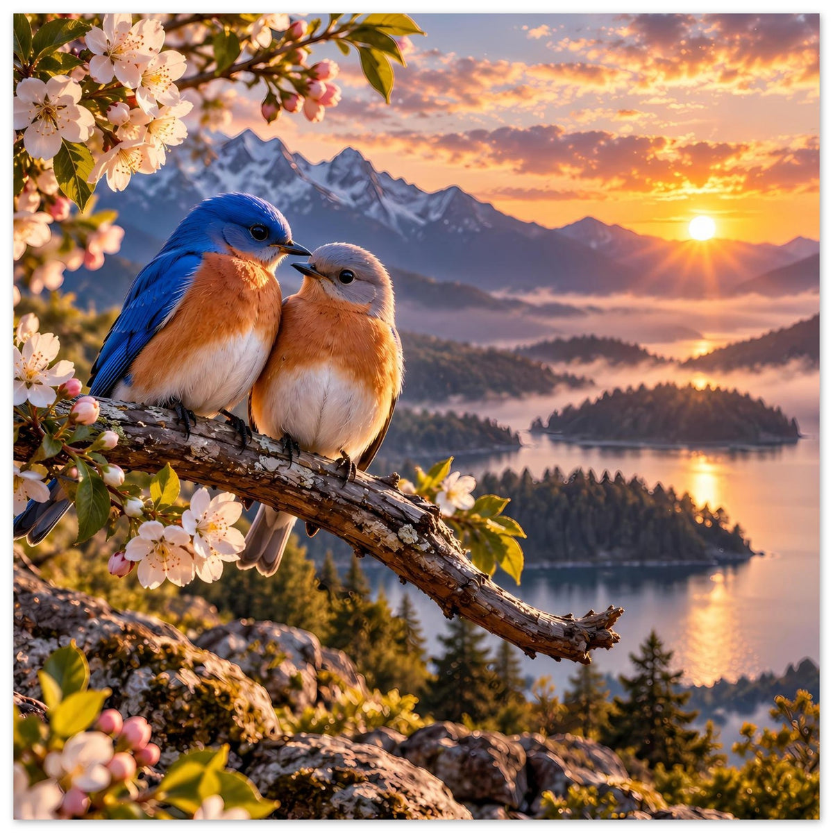 Poster im Quadratformat: zwei Vögel auf Ast, rosa Blüten, Berge und Sonnenuntergang