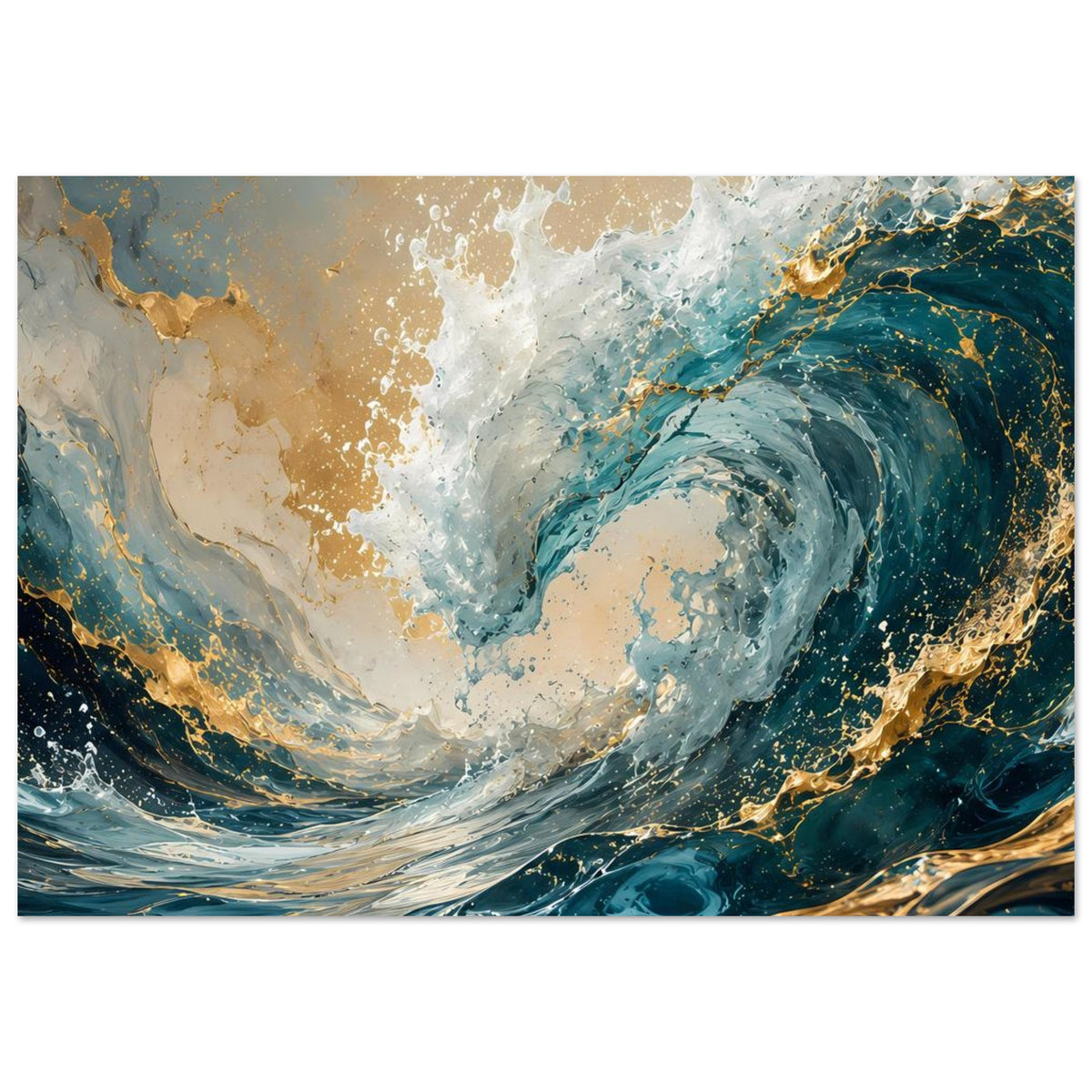Abstraktes Poster: türkis-weißer Wasserwirbel mit dunklen Blautönen und goldenen Linien.