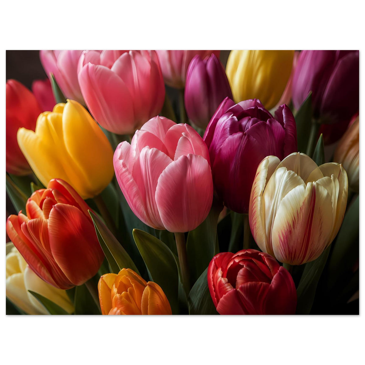 Poster mit Tulpenstrauß, querformatig: gelbe, pinke, violette und rote Tulpen
