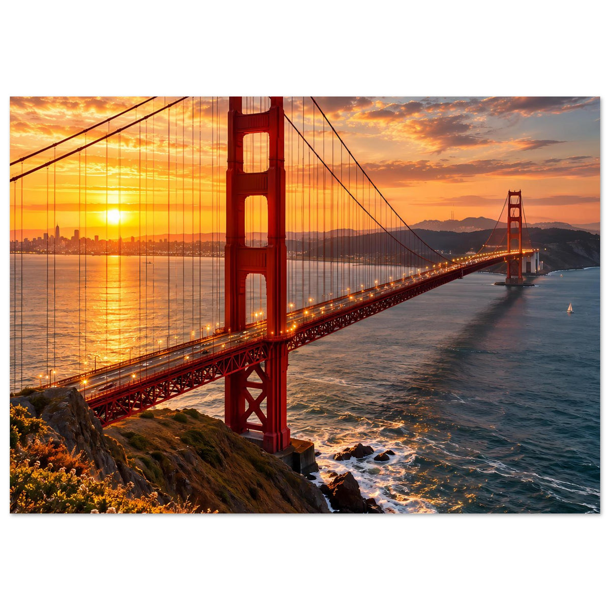 Horizontales Poster der Golden Gate Bridge bei Sonnenuntergang, Brücke und Küste im Detail