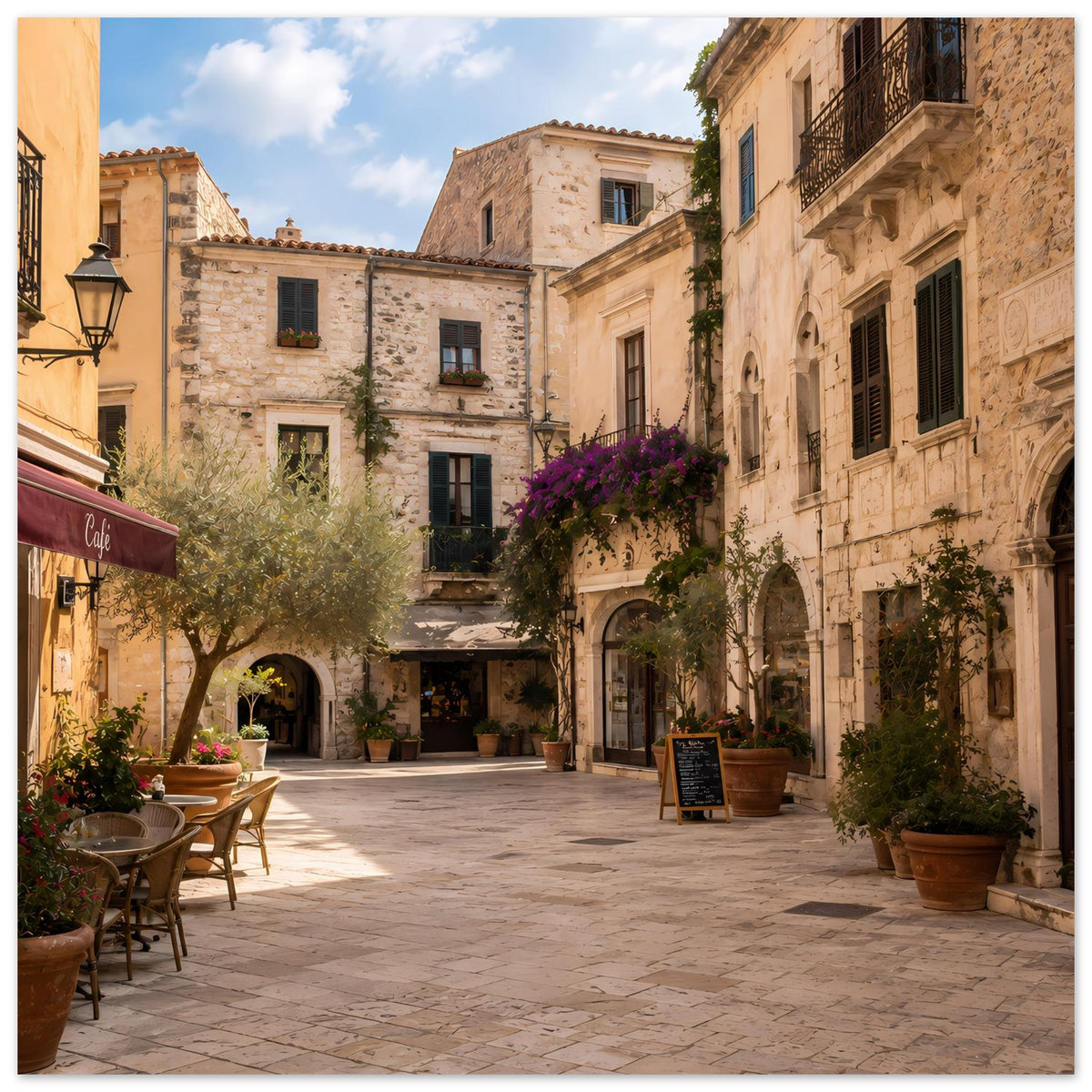 Poster mit mediterraner Altstadtgasse und Café
