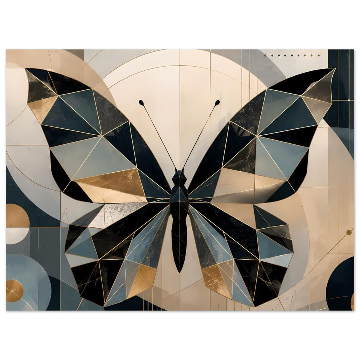 Horizontale Ansicht des Posters mit geometrischem Schmetterling in Petrol und Gold, Detail