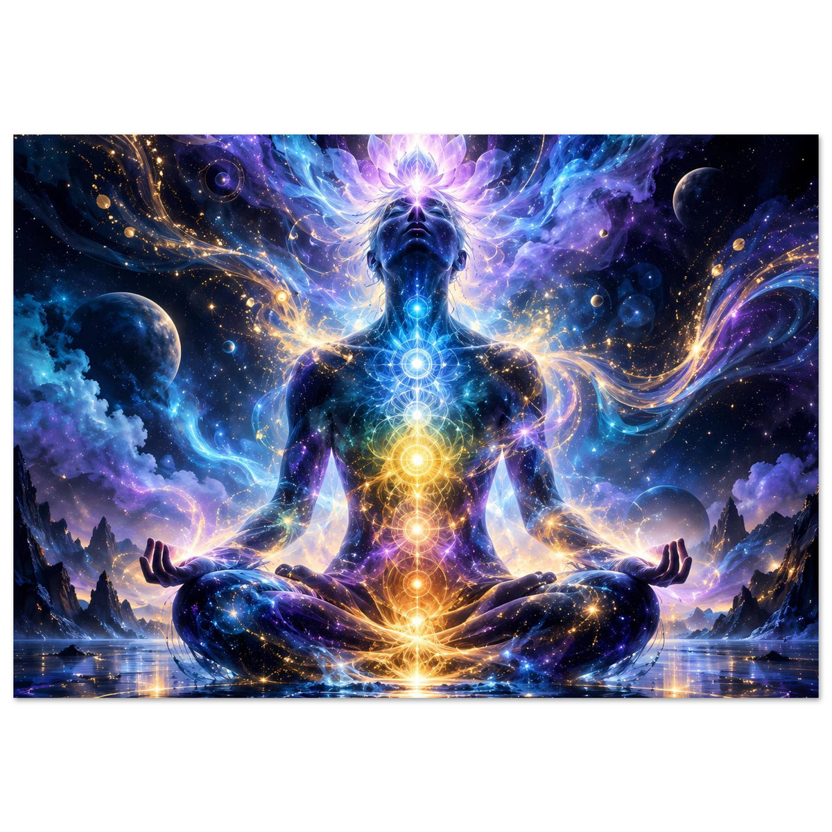 Spirituelles Poster im Querformat: meditierende, leuchtend umkreiste Chakra-Figur vor Sternenmeer