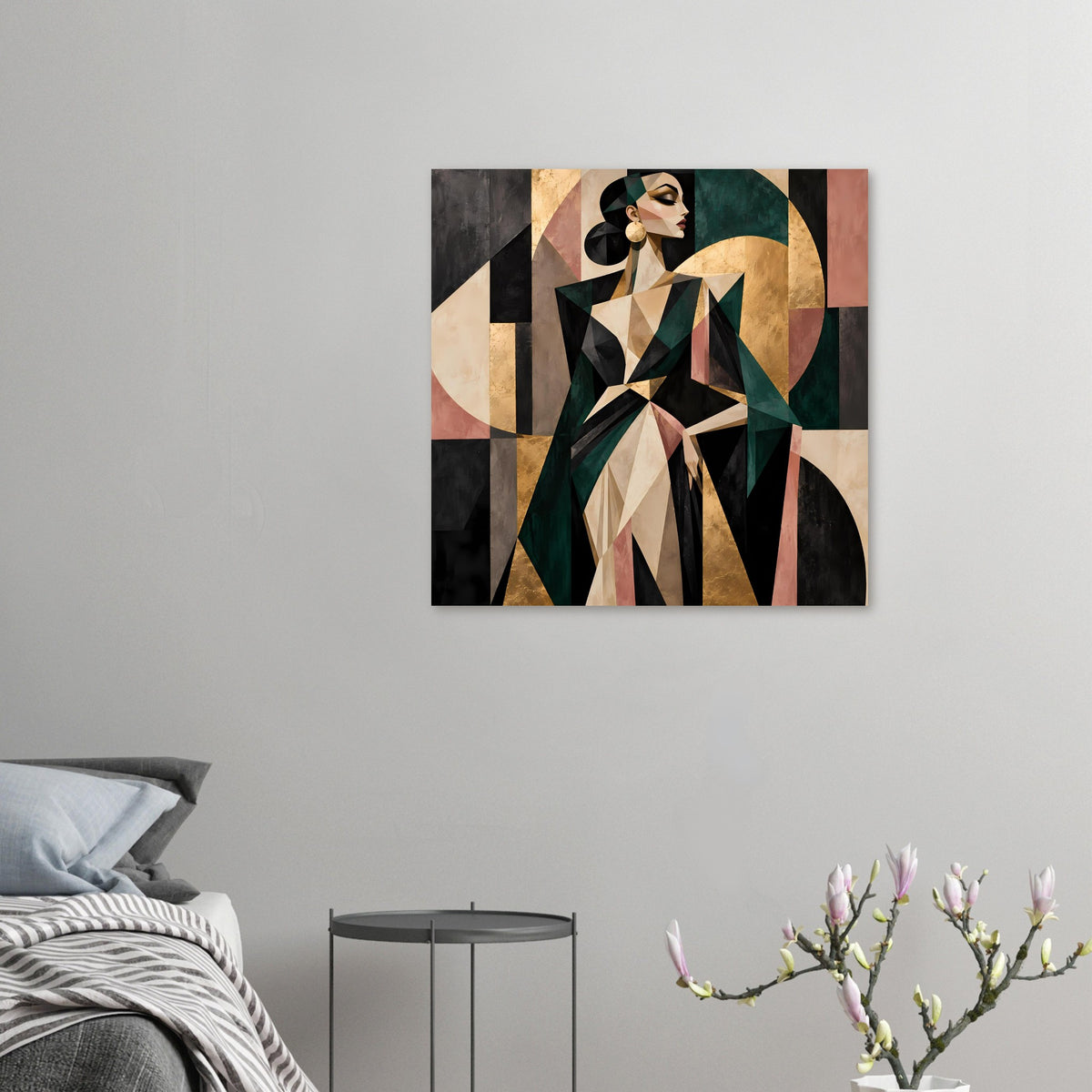 Abstraktes Poster im Kleinformat mit geometrischer Frauenfigur in Olivgrün