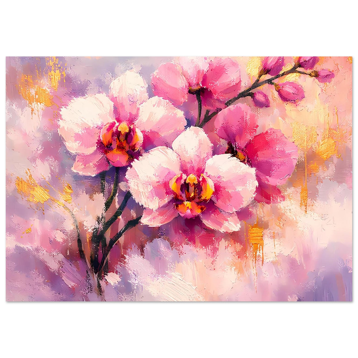 Poster mit rosa Orchideenblüten und goldenen Akzenten, breiter Ausschnitt