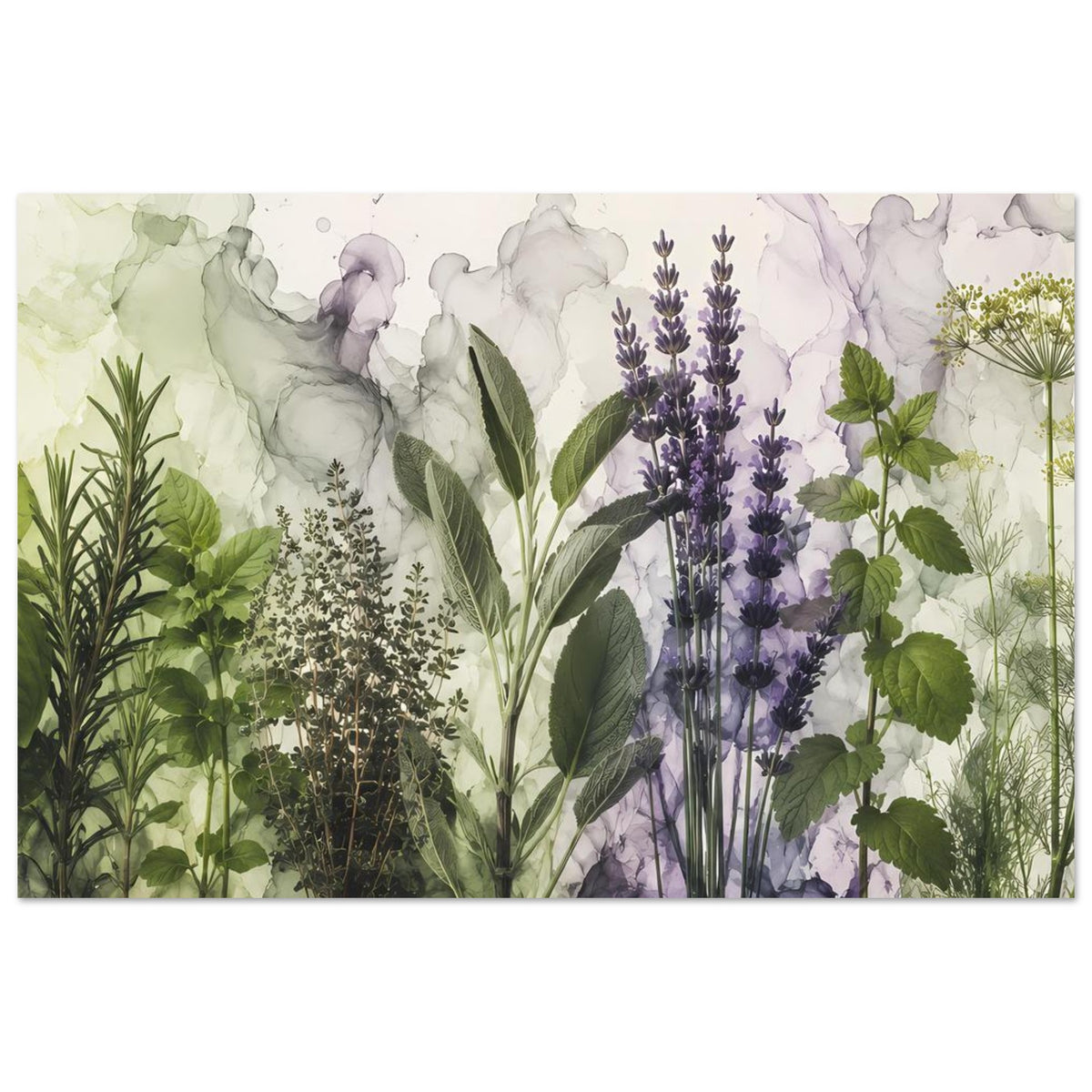 Botanisches Poster mit Lavendelblüten und Kräuterpflanzen im Aquarellstil