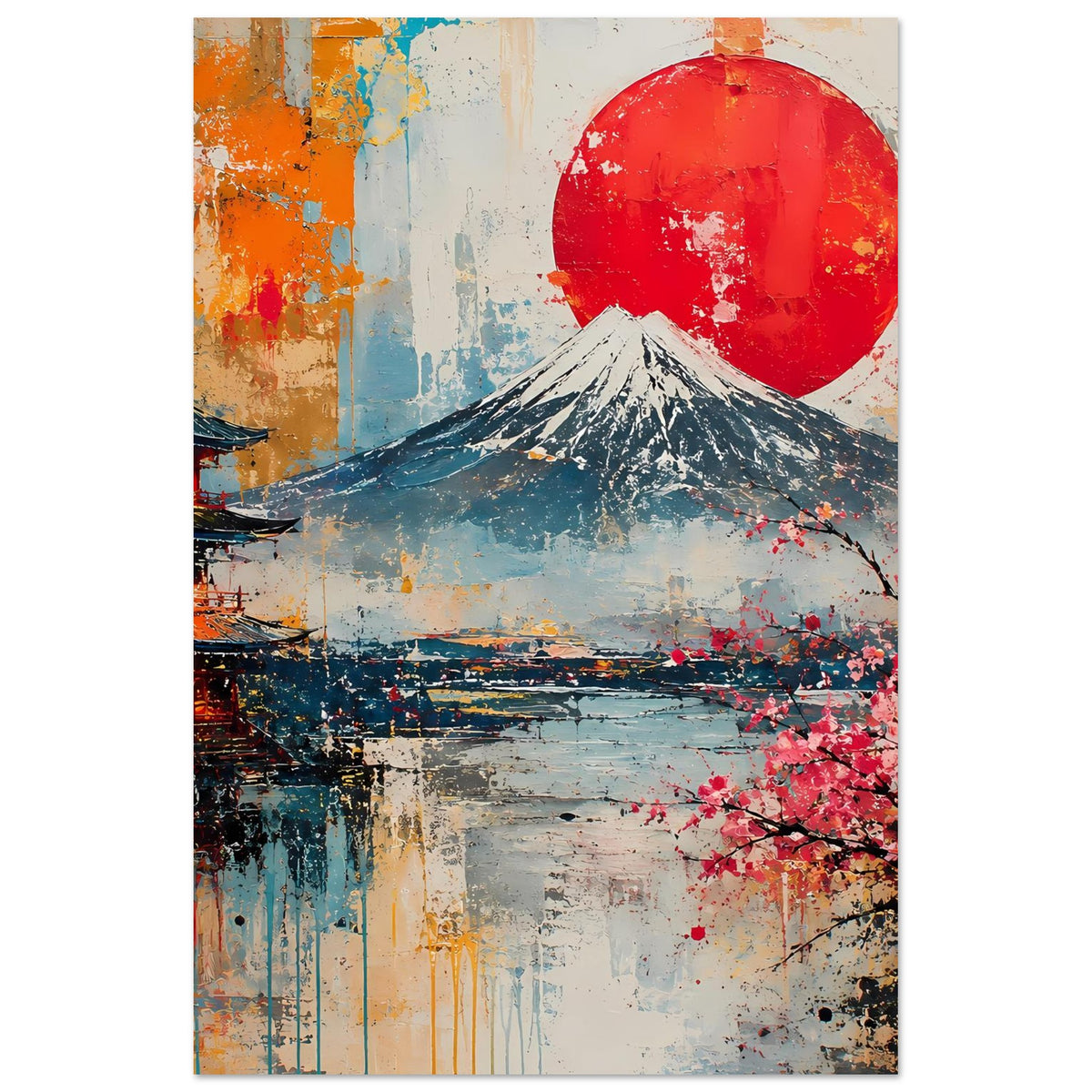 Japanisches Fuji-Kirschblüten-Poster: roter Sonnenkreis, Fuji-Motiv und Blütenzweig rechts