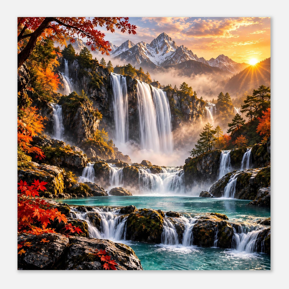 Poster: Wasserfall, türkisfarbener Fluss und Herbstlaub, Bergkette im Abendlicht.
