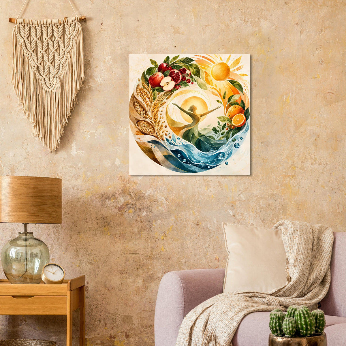 Quadratisches Naturposter mit Sonne, Früchten und Wellen im Aquarellstil