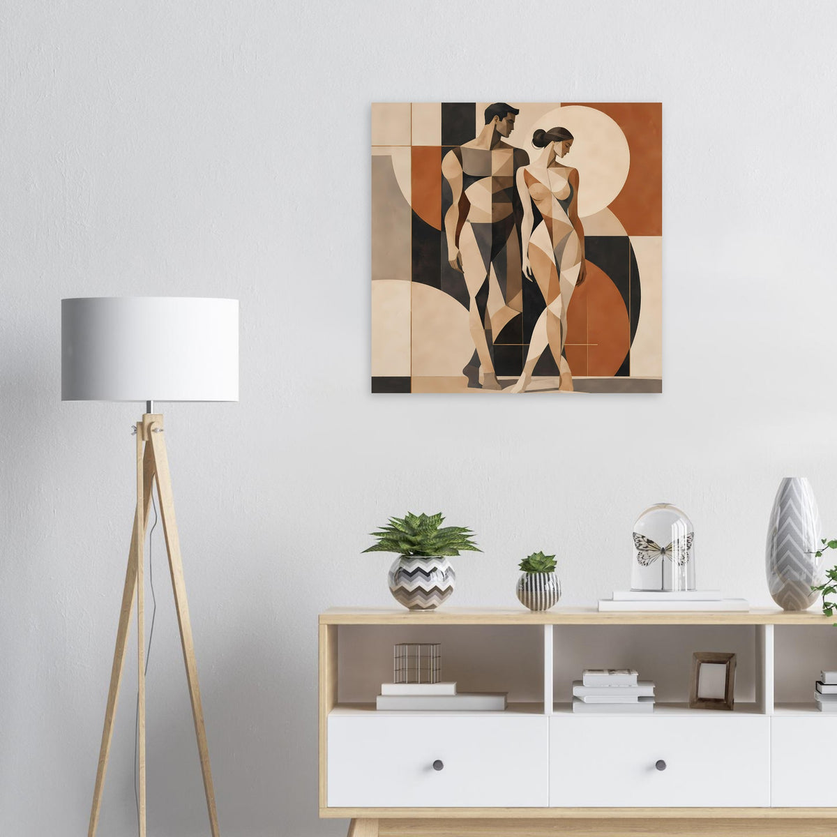 Gerahmter Kunstdruck mit geometrischen Aktskulpturen-Paar in Erdtönen