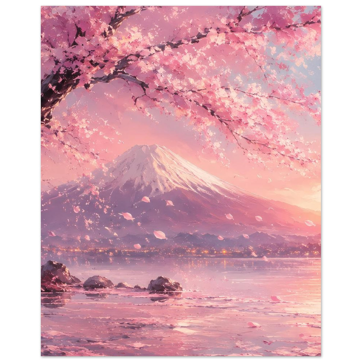 Poster mit Kirschblütenzweigen, Fuji-Berg und rosafarbenem See im Abendlicht