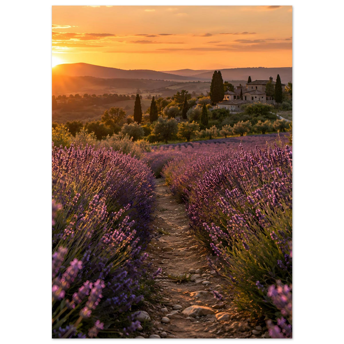 Landschaftsposter mit Lavendelfeld, Pfad und Schloss bei goldenem Sonnenuntergang